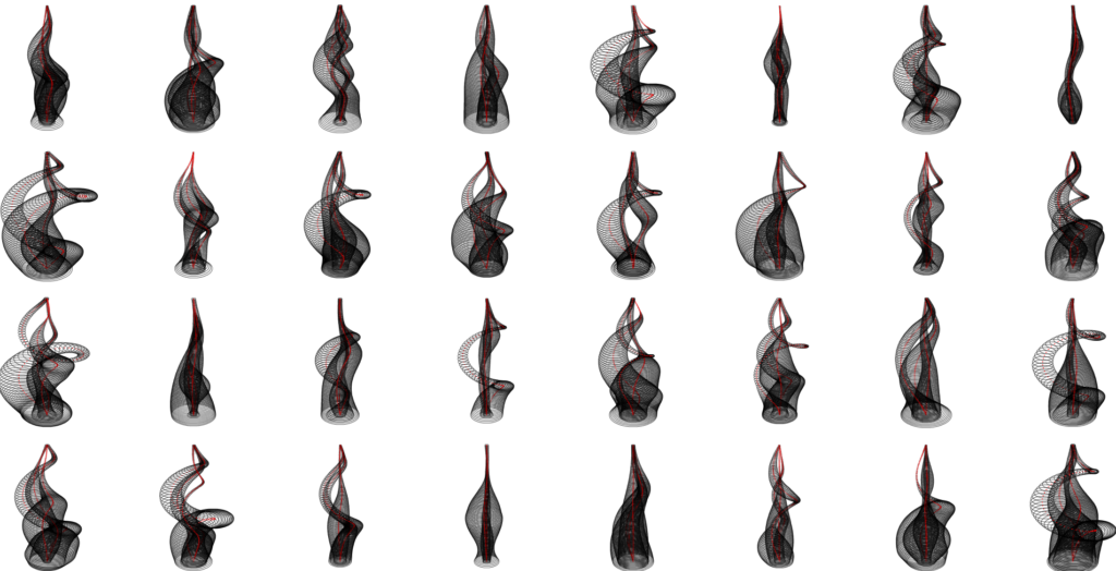 Parametric Vessel: a grid of small black vessel-like curved forms on white.
