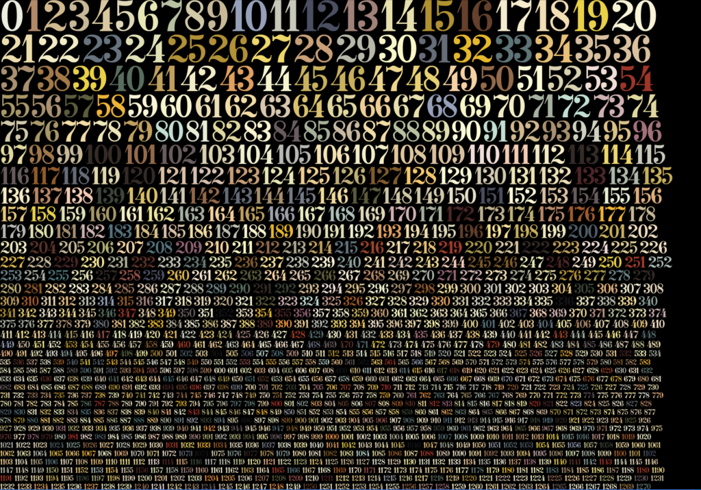 1270: rows of numbers 1 to 1270 in mixed serif type, colored cream, gold and blue, packed tightly on black.