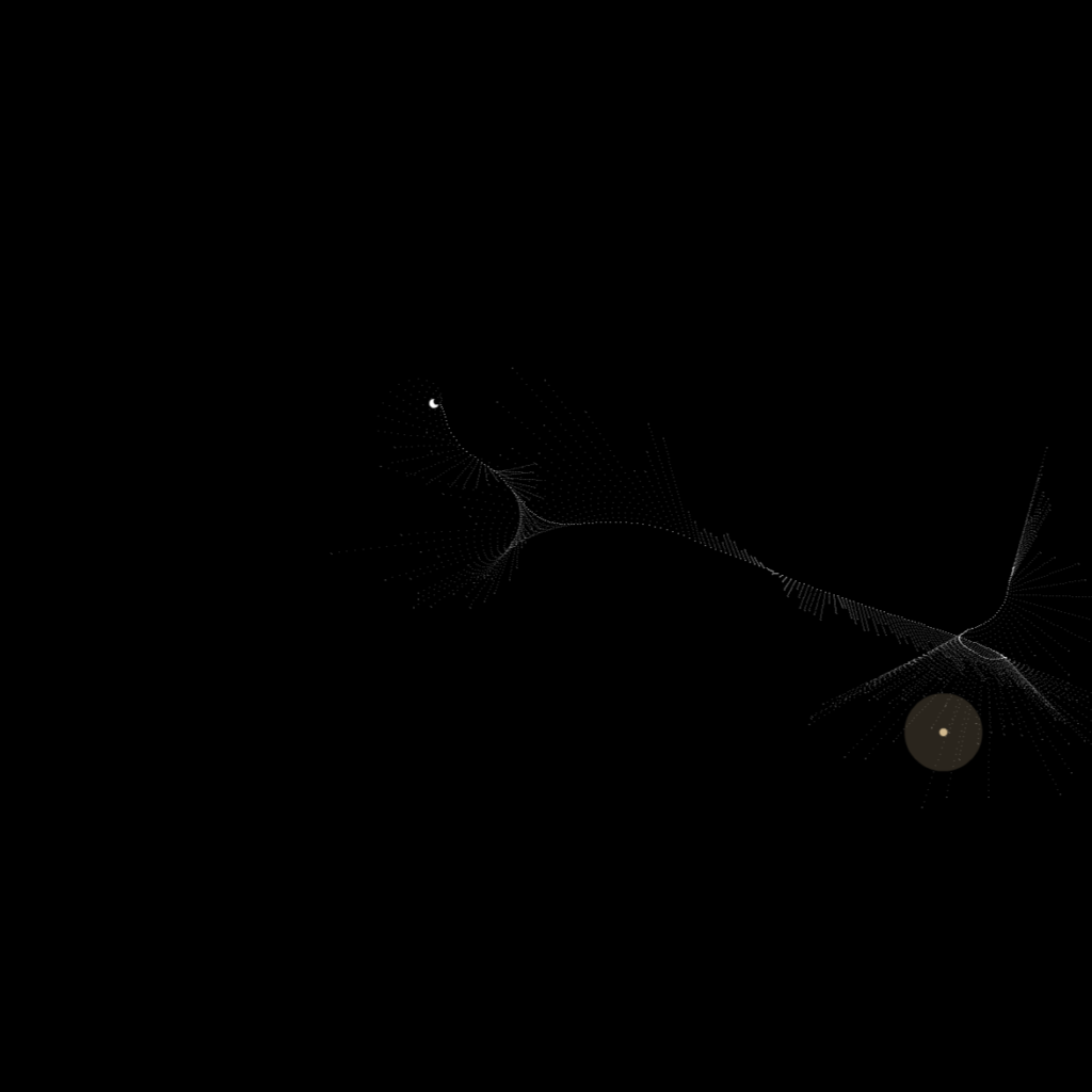 No Direction Home: a thin white branching line ending near a glowing white dot on black.