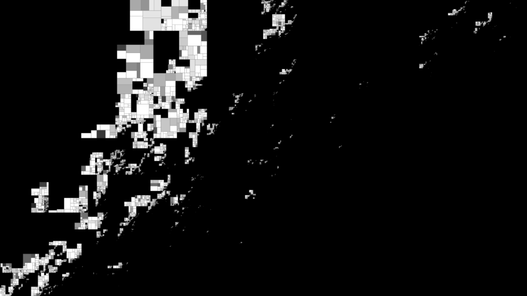 Sublost Maps: white pixel blocks scattered along a diagonal on black, like a map fragment.