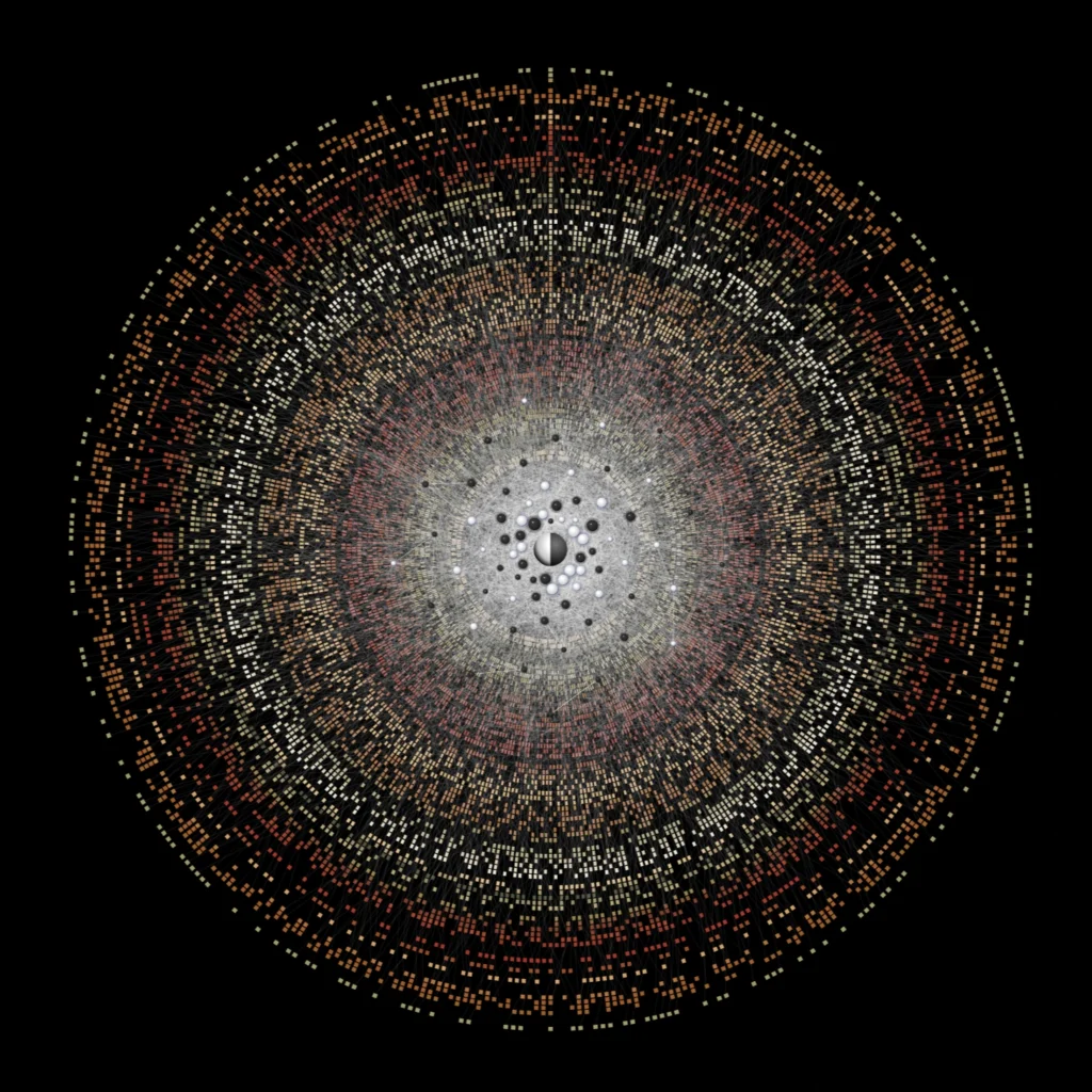 Binary Network: a large circular network of colored dots in concentric rings around a white core on black.