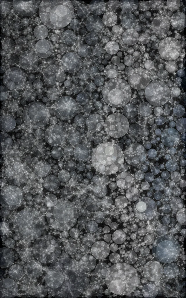 Circle Packing Network: a tall field of packed grey circles of many sizes on dark ground.