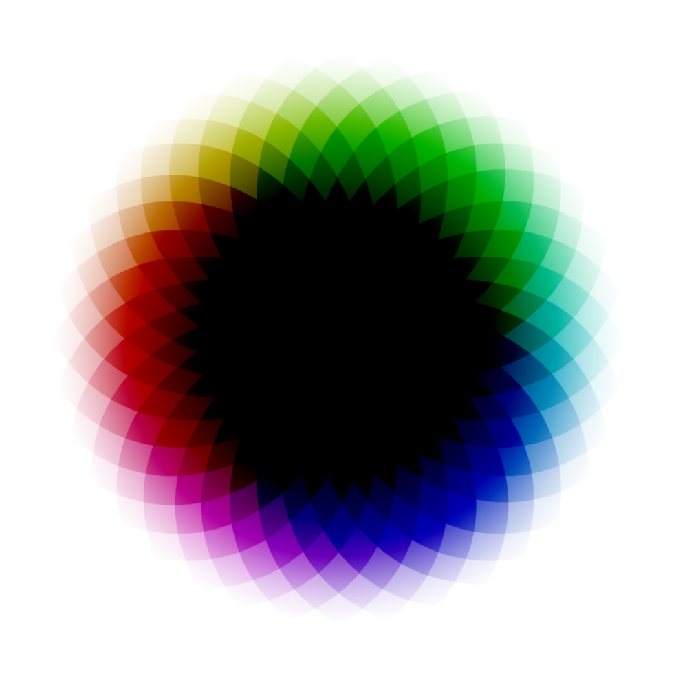 Color Study Five: a black disc ringed by blurred squares in a full spectrum of color on white.