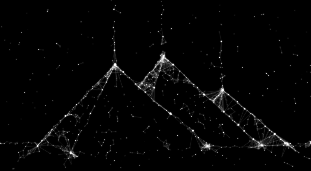 Network Knowing: white node lines forming three triangular peaks on black.