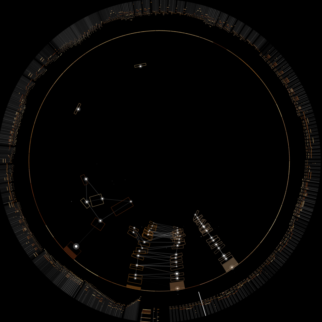 Moonlight Dome: a dome-like ring of grey panels with small lit structures inside on black.