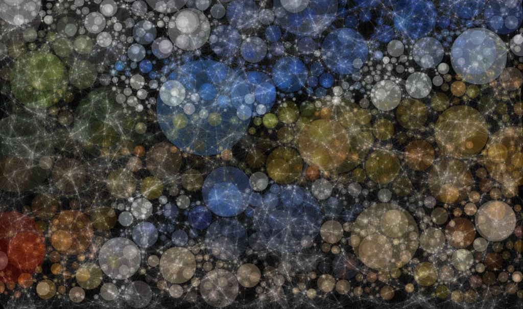 Circle Packing Network: packed circles of many sizes in blue, green, ochre and grey linked as a network.