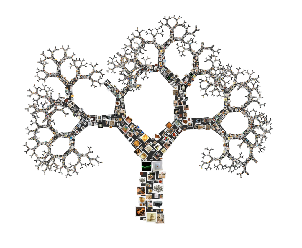 Etsy Listing Tree: a fractal tree whose branches are made of small product photos, on white.