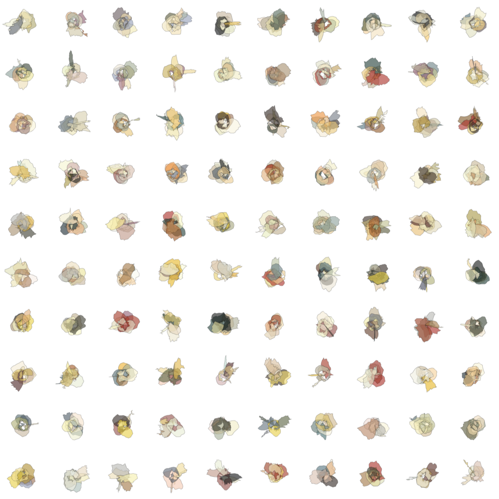 Petals Grid: a grid of small crumpled petal clusters in muted colors on white.