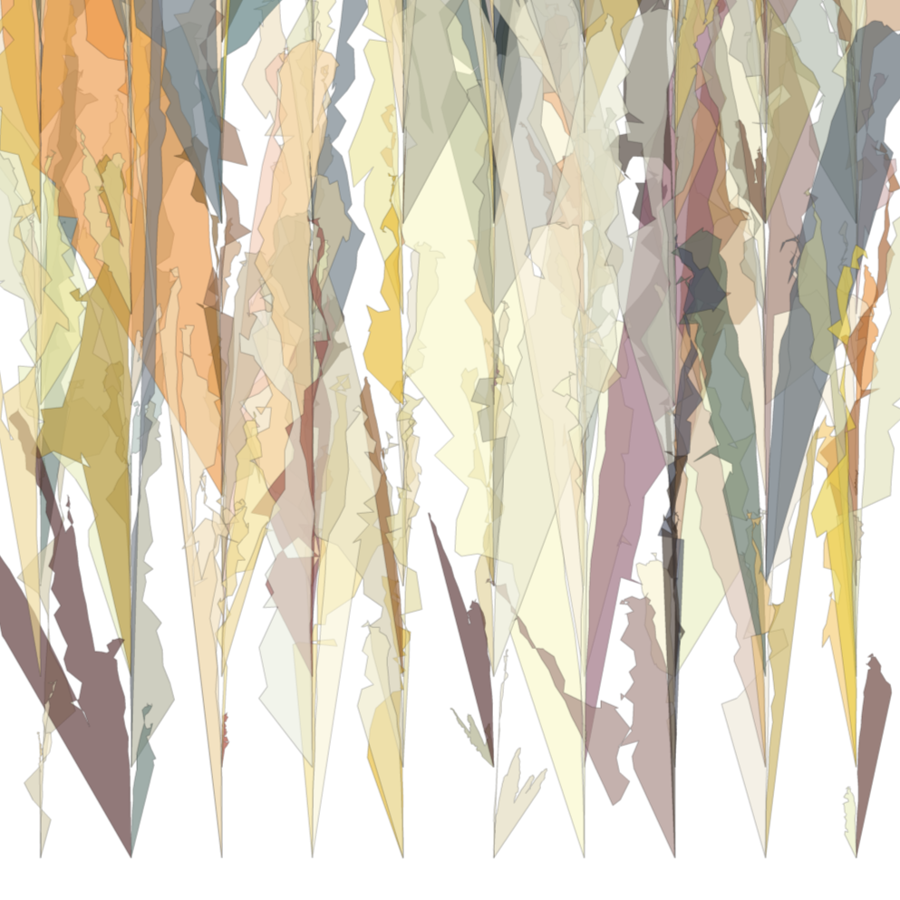Petals: tall overlapping translucent petal shards in cream, grey, rose and green on white.