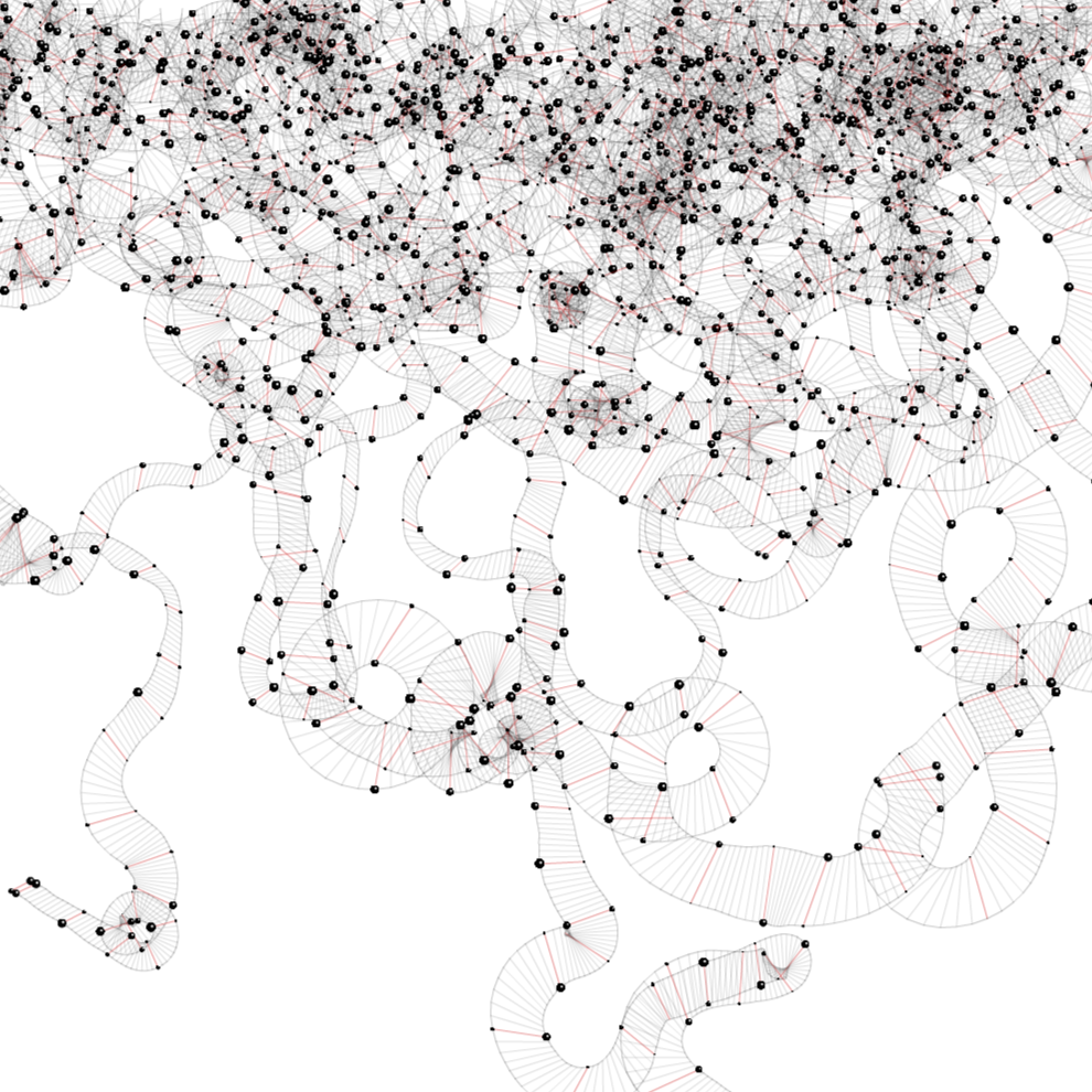 Node Ribbon: grey ribbons of tiny nodes curling across white.