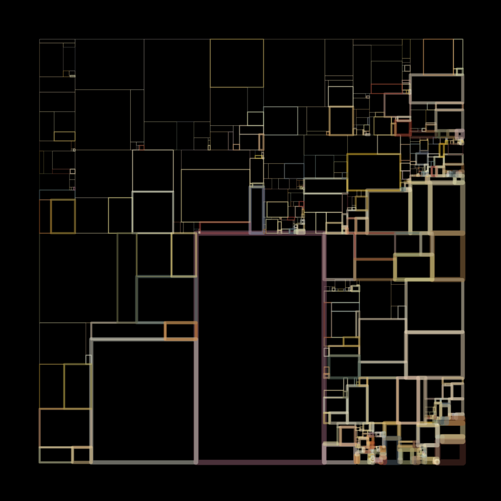 Subrect Space: nested rectangles subdividing a square, outlined in tan and red on black.