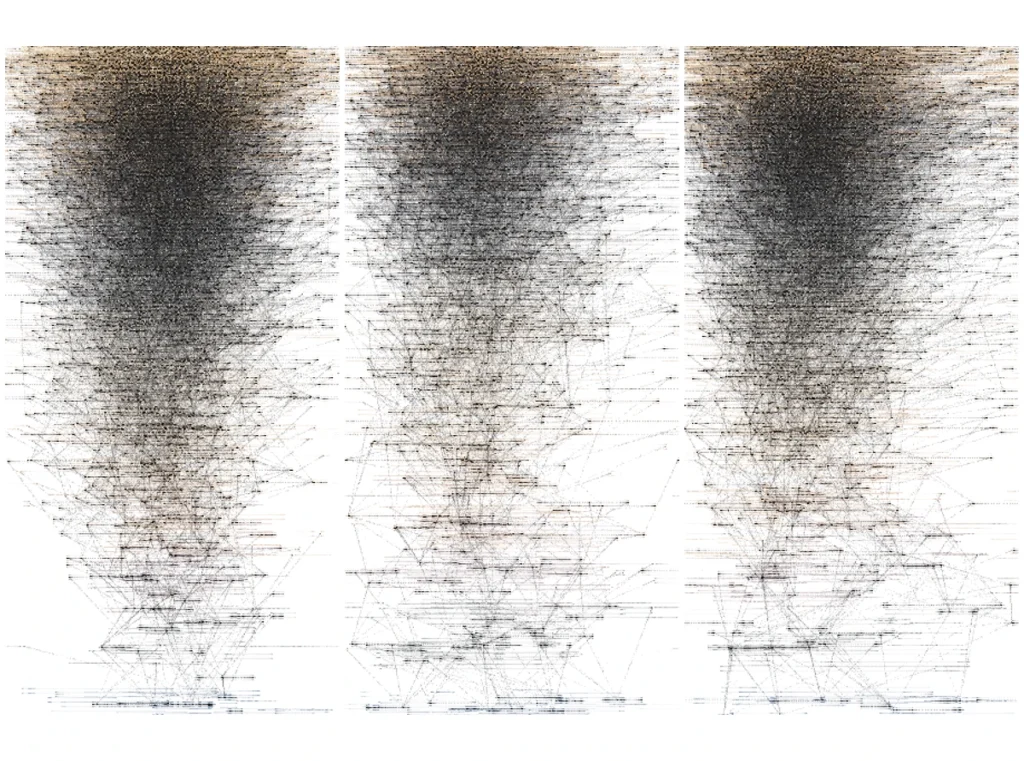 Offspring: three generative family trees of black nodes and fine grey lines, dense at the top and sparse below, on white.