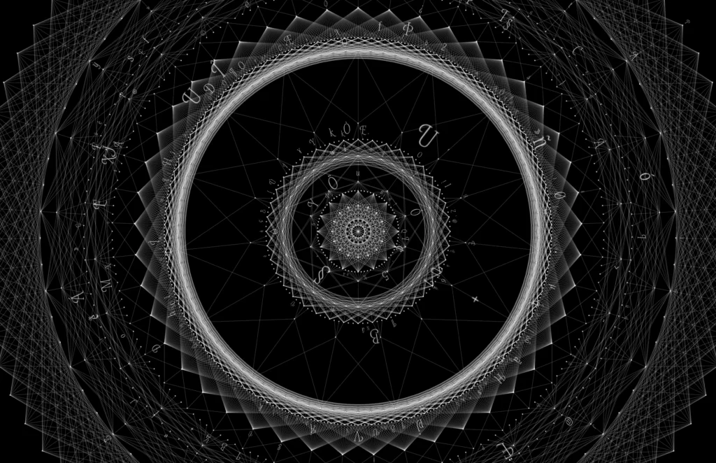 Laced Mandala: concentric laced rings around a dense rosette, edged with glyphs