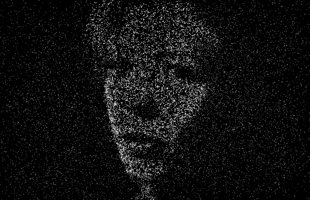 Safe Place: a face with fallen hair, gathered from particles