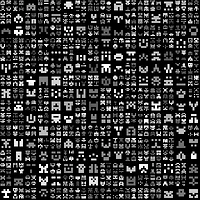 Generated black and white image of a recursive grid of small pixel invaders in shades of grey on black, made with code after my Invader Fractal algorithm, for Flash Forward NYC 2004 – “Artificial Life”