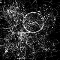 Generated black and white image of a tangle of fine white arcs traced where moving circles intersect, made with code after my INTERSECTION.AGGREGATE algorithm, for UNM preview 2004