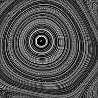 Generated black and white image of concentric white orbit rings and island chains of the Henon map on black, made with code after my Henon Phase algorithm, for FITC 4 City Tour 2004 – “By the Numbers”