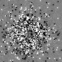 Generated black and white image of scattered curling particle tracks in black and white on grey, like a bubble chamber, made with code after my Bubble Chamber algorithm, for MAX Taipei 2004 – “Evolving Computational Creatures”