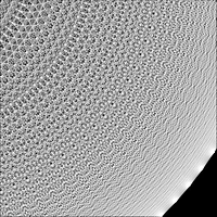 Generated black and white image of a deep zoom into a complete graph: fine crossing chords forming moiré near a curved rim, made with code after my MYSTIC.ROSE algorithm, for Flash on the Beach 2008 (“The Circle” era)