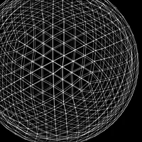 Generated black and white image of a white geodesic sphere wireframe of triangles on black, like a laser-cut spheroid, made with code after my Laser-cut spheroid algorithm, for FITC Amsterdam 2009