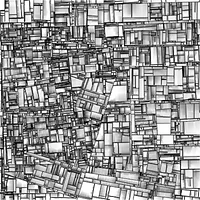 Generated black and white image of a dense city-like web of straight perpendicular cracks with soft sand-painted shading, made with code after my Substrate algorithm, for Reasons to 2016 – “Generative Spaces”