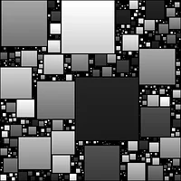 Generated black and white image of grey squares of many sizes packed tightly together on black, made with code after my Box Fitting algorithm, for beyond tellerrand 2018 – “Generative Spaces”