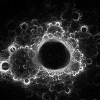 Generated black and white image of a glowing cloud of light with a dark circular void, ringed by bubbles and filaments, made with code after my CIRCLE.INVERSION algorithm, for Kate Vass, Node to Node 2023