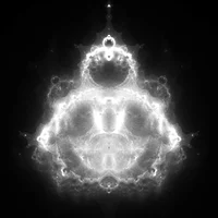 Generated black and white image of the Buddhabrot, the escape-orbit density of the Mandelbrot set, turned upright so its glowing filaments form a seated Buddha-like figure, made with code after my BUDDHABROT algorithm, for ARTSLab 2024 – “Mystery Machine”